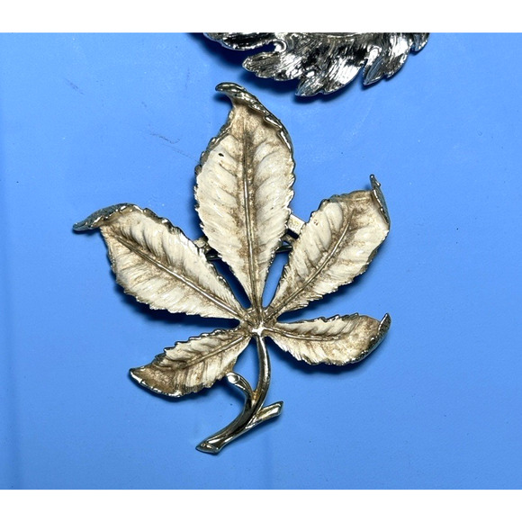 Vintage Lot 3 Leaf Branch Brooch Silvertone Goldstone, Enameled Rhinestone 2" - Picture 10 of 16